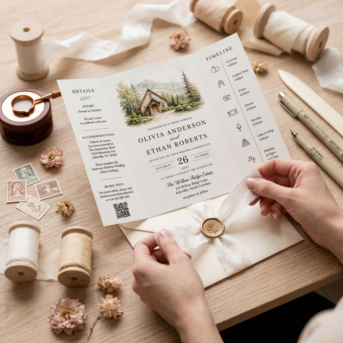 Personalized Wedding Invitation, Custom Venue Watercolor Illustration, Rustic Wedding Invitation Suite