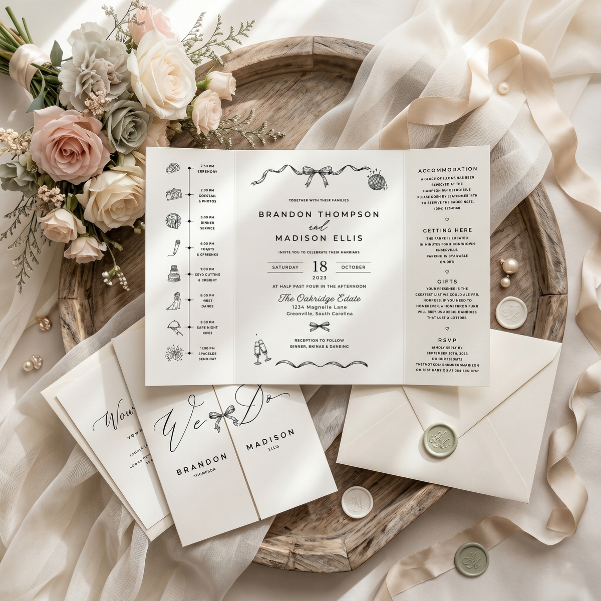Personalized Monogram Wedding Invitation, Elegant Bow Wedding Invitation Suite, Black and White Custom Wedding Stationery