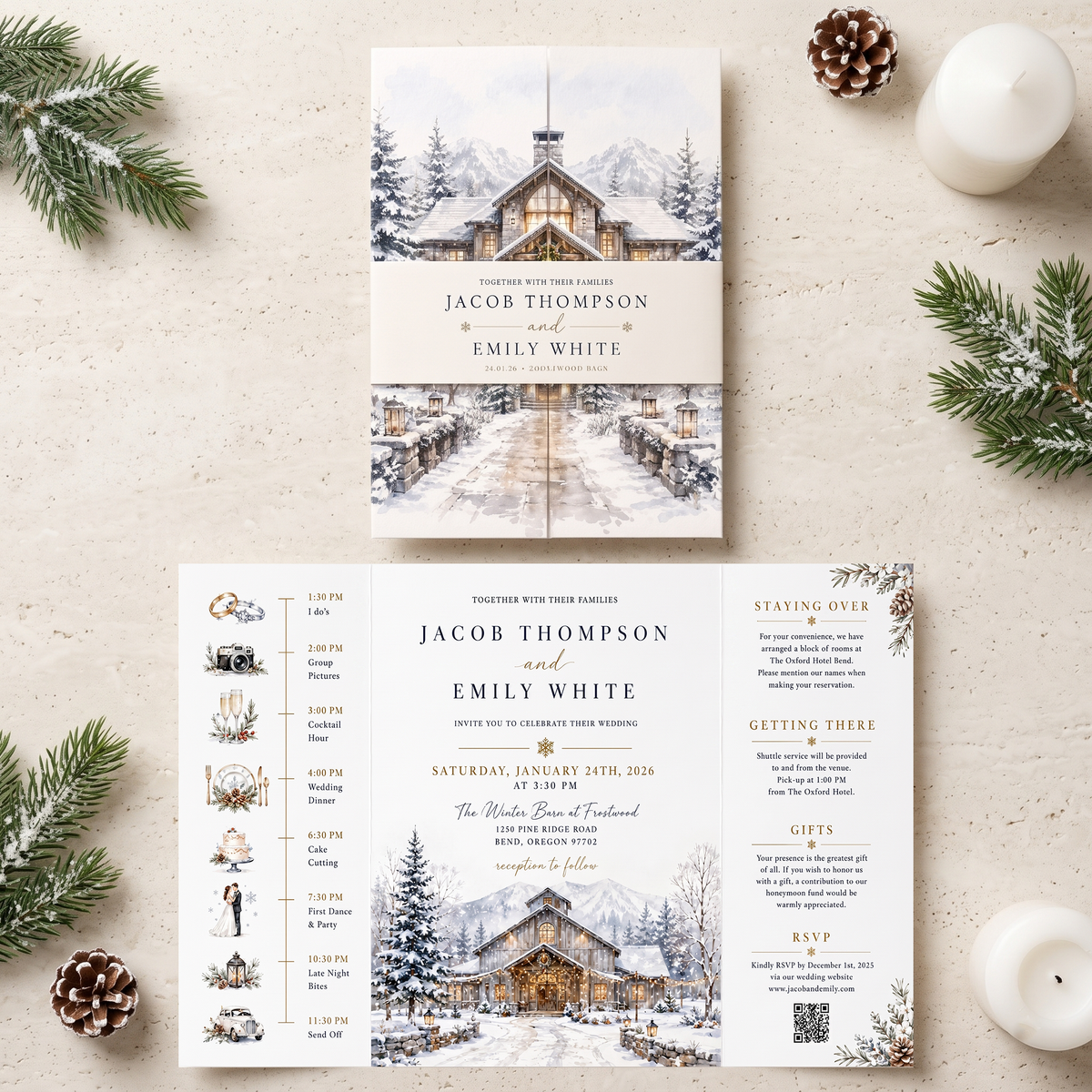 Custom Winter Wedding Invitations, Snowy Mountain Venue Illustration, Personalized Winter Wedding Invitation Suite, Luxury Stationery