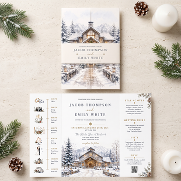 Custom Winter Wedding Invitations, Snowy Mountain Venue Illustration, Personalized Winter Wedding Invitation Suite, Luxury Stationery