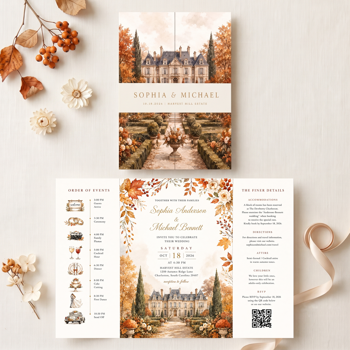 Personalized Fall Wedding Invitations, Autumn Chateau Wedding Invitation Suite, Custom Venue Illustration, RSVP QR Code, Elegant Floral Invite
