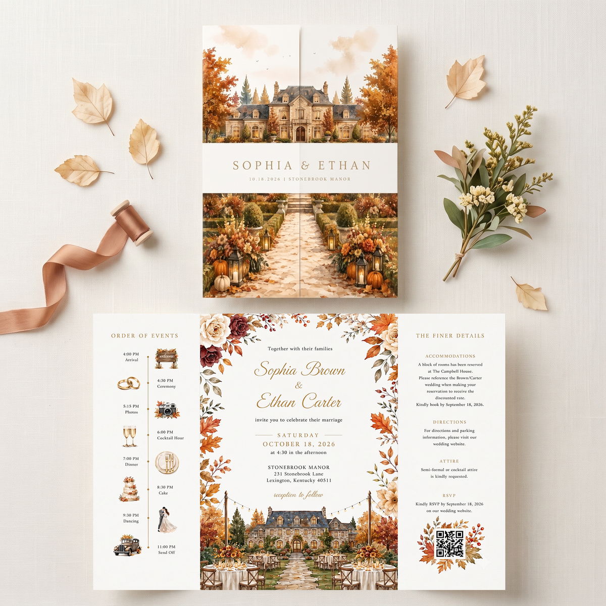 Fall Wedding Invitations, Rustic Autumn Wedding Invitation Suite, Personalized Floral Wedding Invites, Elegant Pumpkin Wedding Stationery