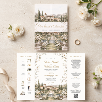 Custom Garden Wedding Invitations, Watercolor Venue Illustration, Elegant Floral Wedding Invitation Suite, Personalized Luxury Stationery