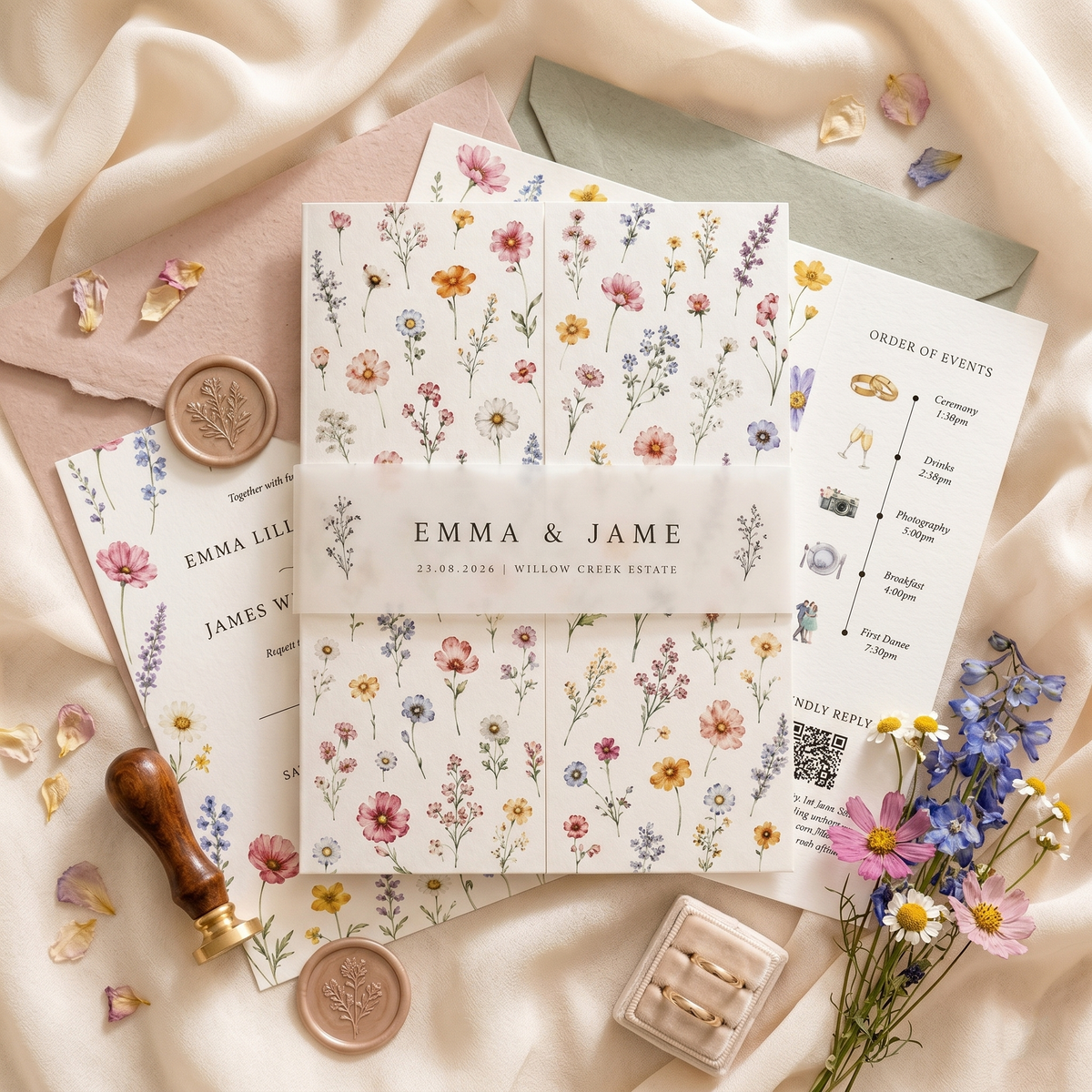 Wildflower Wedding Invitation Suite | Elegant Botanical Wedding Invitations with Custom RSVP & QR Code