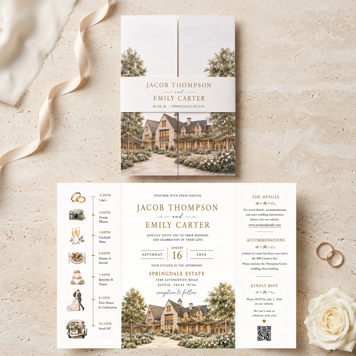 Custom Watercolor Wedding Invitations, Personalized Venue Illustration, Elegant Estate Wedding Invitation Suite, Luxury Wedding Invites