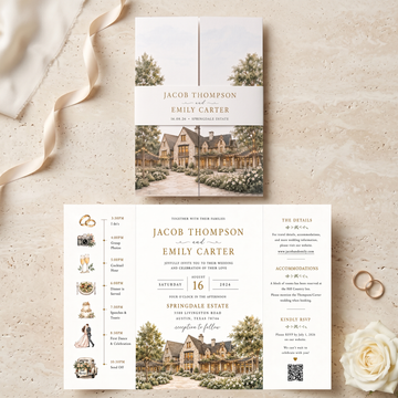 Custom Watercolor Wedding Invitations, Personalized Venue Illustration, Elegant Estate Wedding Invitation Suite, Luxury Wedding Invites