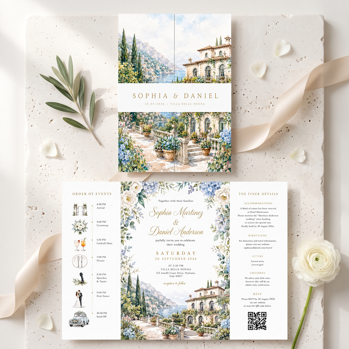 Watercolor Italian Wedding Invitations, Personalized Venue, Luxury Floral Wedding Invitation Suite
