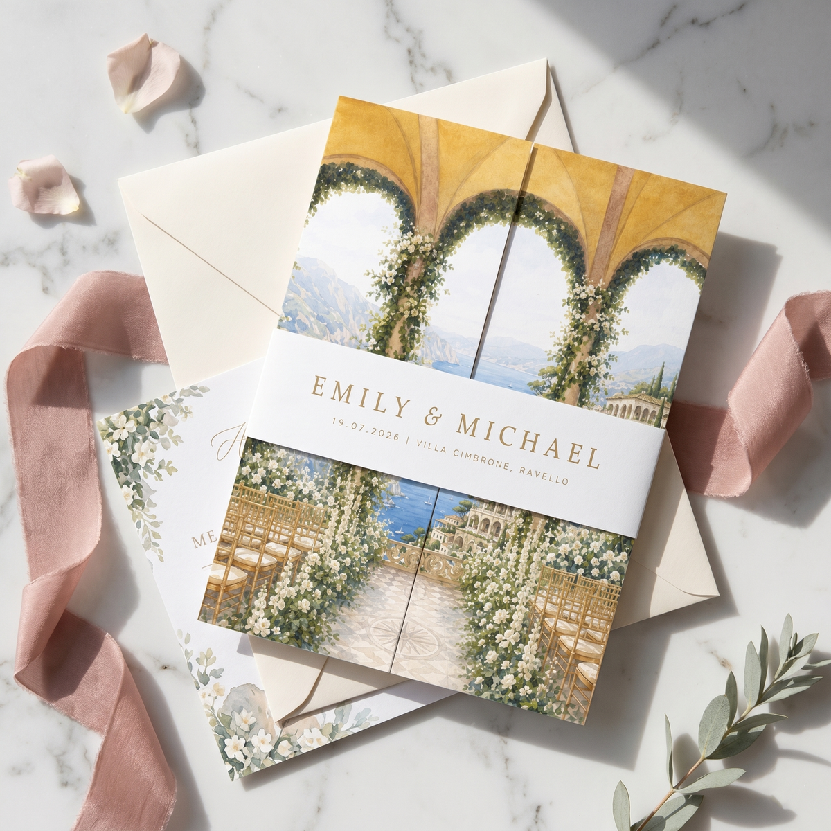 Personalized Amalfi Coast Wedding Invitation, Italy Destination Wedding Invitation, Watercolor Villa Gatefold Invitati