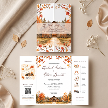 Custom Fall Wedding Invitations, Personalized Barn Venue Watercolor Wedding Suite, Rustic Autumn Wedding Stationery