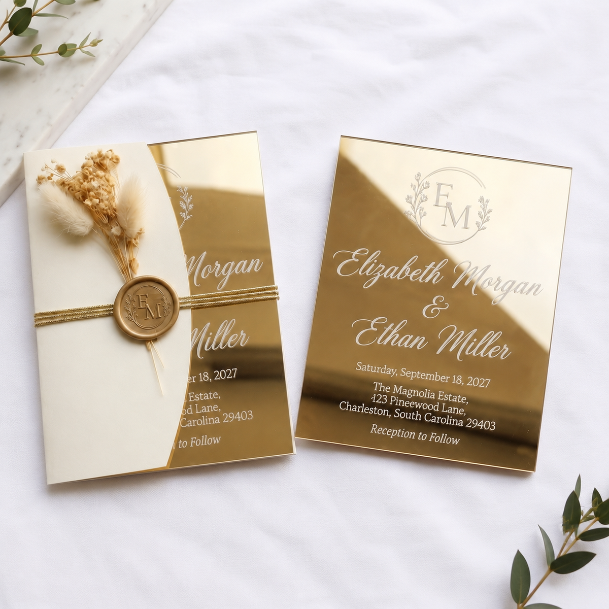 Luxury Gold Mirror Acrylic Wedding Invitation Suite, Personalized Wedding Invite with Cream Envelope, RSVP Card & Details Card
