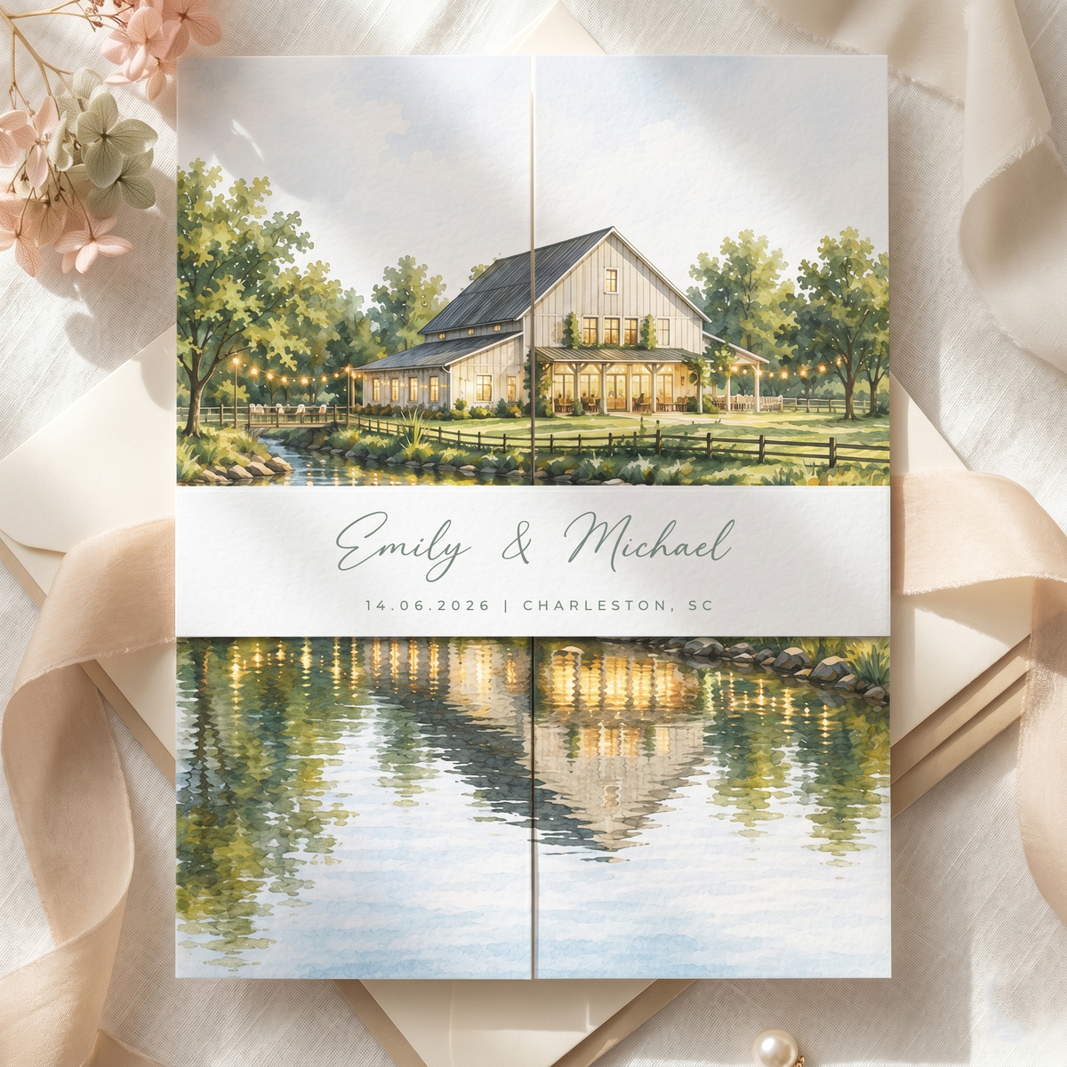 Custom Wedding Invitation Suite with Venue Illustration | Personalized Romantic Wedding Invitations & Details Card