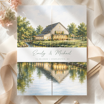 Custom Wedding Invitation Suite with Venue Illustration | Personalized Romantic Wedding Invitations & Details Card