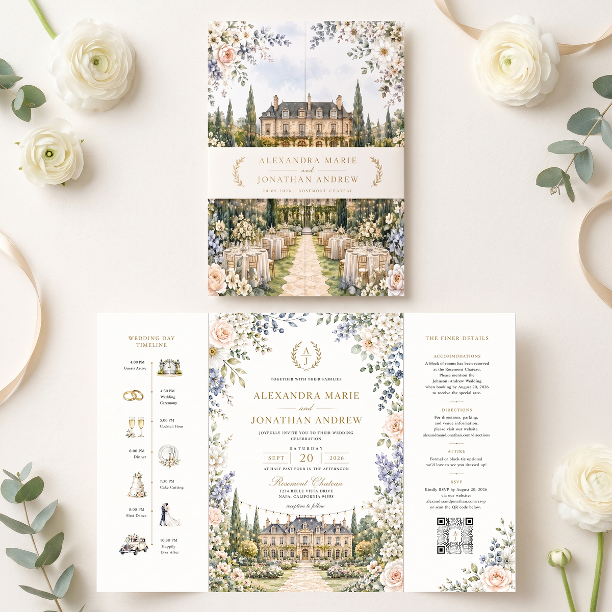 Personalized Chateau Wedding Invitations, Elegant Floral Wedding Invitation Suite, Custom Venue Illustration, RSVP QR Code