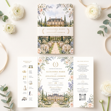 Personalized Chateau Wedding Invitations, Elegant Floral Wedding Invitation Suite, Custom Venue Illustration, RSVP QR Code