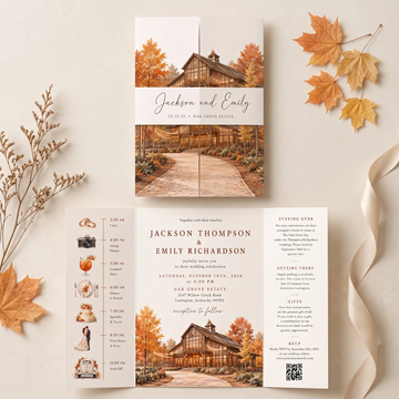 Custom Autumn Wedding Invitations, Watercolor Venue Illustration, Fall Wedding Invitation Suite, Personalized Luxury Wedding Stationery
