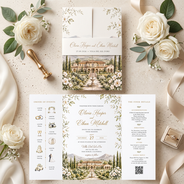 Custom Italian Villa Wedding Invitations, Watercolor Venue Illustration, Elegant Floral Wedding Invitation Suite, Luxury Personalized Stationery