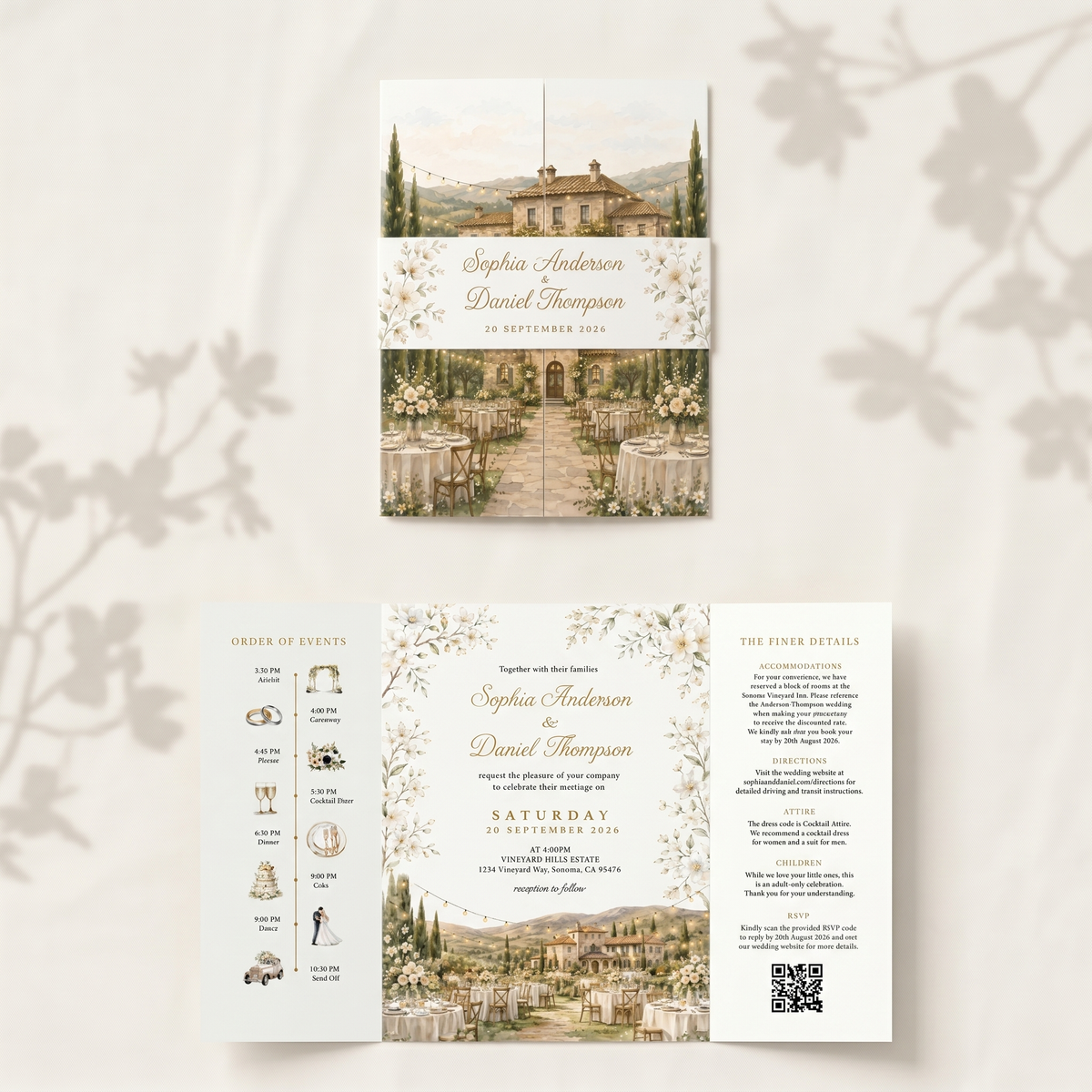 Personalized Wedding Invitation, Custom Watercolor Venue Illustration, Floral Wedding Invitation Suite