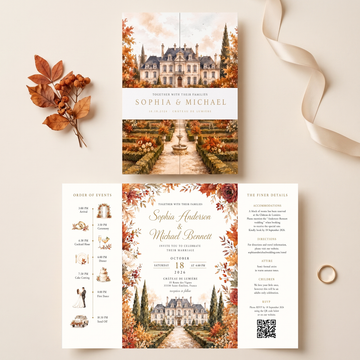 Personalized Autumn Chateau Wedding Invitations, Fall Floral Wedding Invitation Suite, Custom Venue Illustration, RSVP QR Code