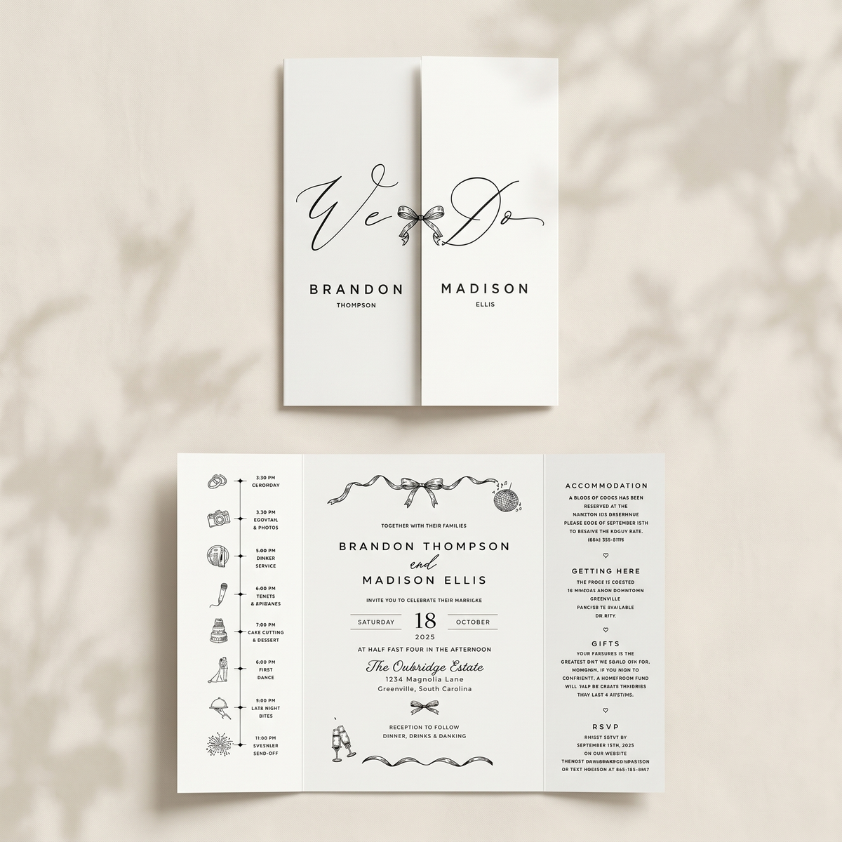 Personalized Monogram Wedding Invitation, Elegant Bow Wedding Invitation Suite, Black and White Custom Wedding Stationery