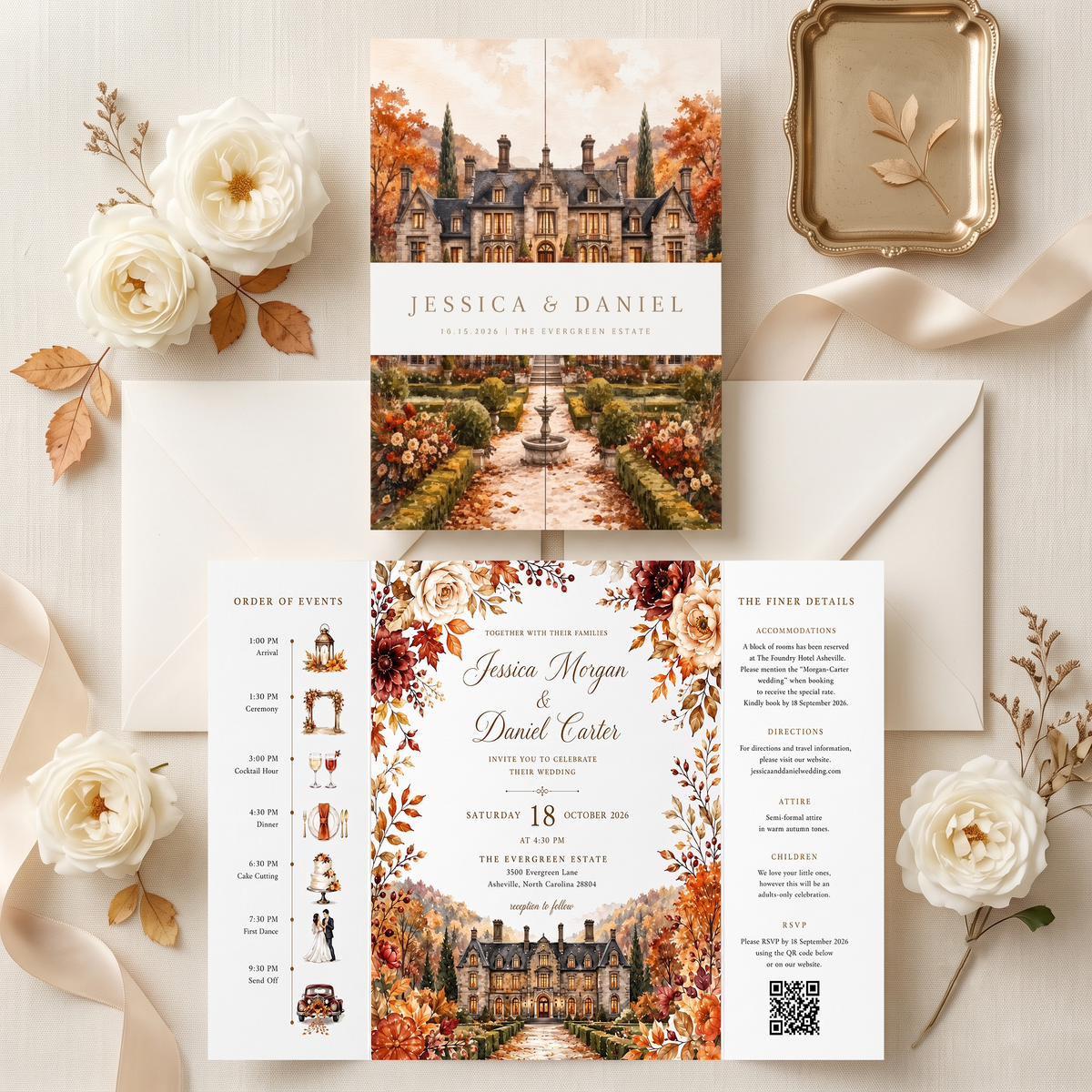 Autumn Wedding Invitation Suite, Fall Wedding Invitation, Watercolor Estate Venue, Floral Wedding Invite, Personalized Wedding Stationery