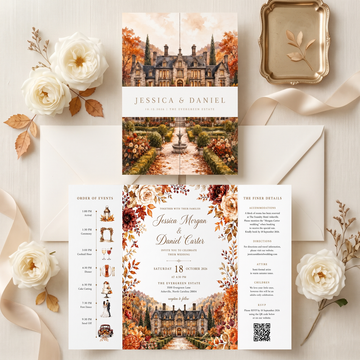 Autumn Wedding Invitation Suite, Fall Wedding Invitation, Watercolor Estate Venue, Floral Wedding Invite, Personalized Wedding Stationery