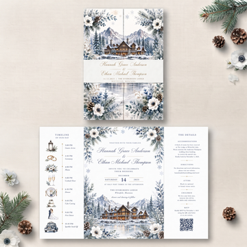 Winter Wedding Invitation Suite, Snowy Mountain Lodge Wedding, Christmas Wedding Invitations, Watercolor Pine Floral Invite, Personalized Wedding Stationery
