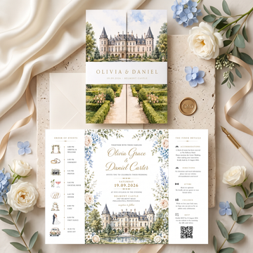 Personalized Castle Wedding Invitation Suite, Luxury Floral Wedding Invitations, Custom Venue Illustration, RSVP & QR Code