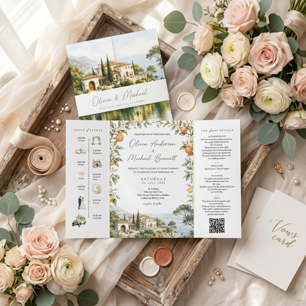 Elegant Personalized Wedding Invitation Suite | Luxury Wedding Stationery with Custom Watercolor Venue Illustration
