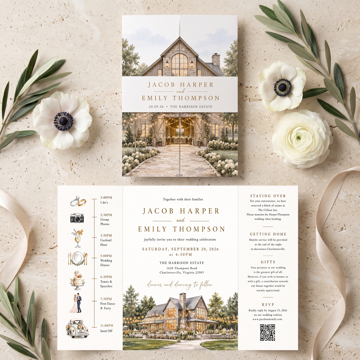 Personalized Rustic Barn Wedding Invitations, Watercolor Venue Illustration, Elegant Farmhouse Wedding Invitation Suite, Custom RSVP & Details Card