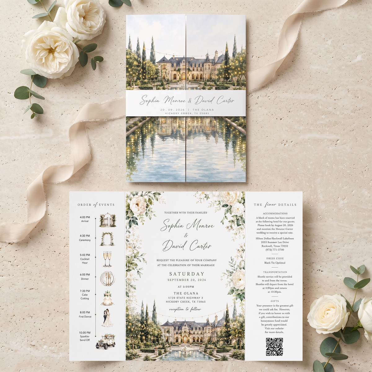 Custom Estate Wedding Invitations, Watercolor Venue Illustration, Elegant Floral Wedding Invitation Suite, Personalized Luxury Stationery