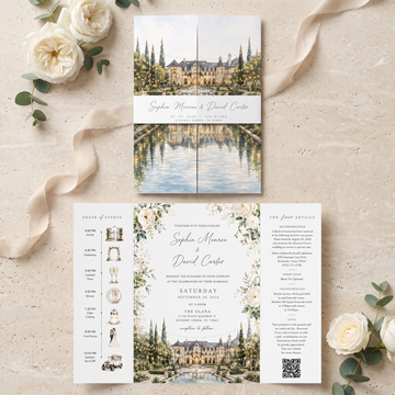 Custom Estate Wedding Invitations, Watercolor Venue Illustration, Elegant Floral Wedding Invitation Suite, Personalized Luxury Stationery
