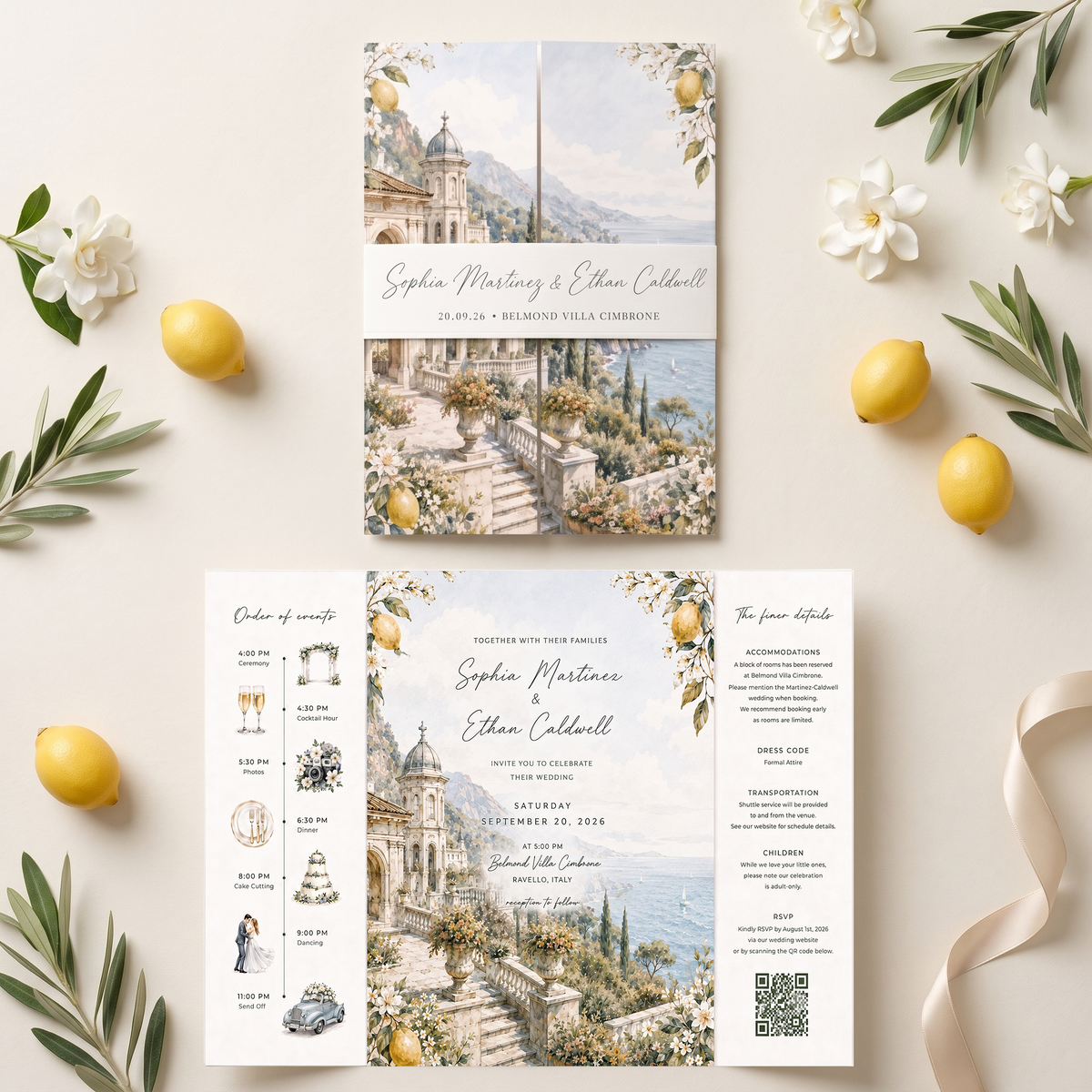 Amalfi Coast Lemon Wedding Invitation Suite, Italy Wedding Invitations, Personalized Destination Wedding Invite