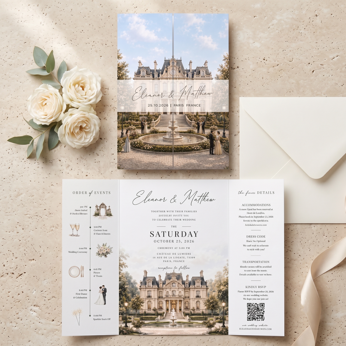 Personalized Château Wedding Invitation Suite, French Estate Wedding Invitations, Custom Venue Illustration, RSVP & QR Code