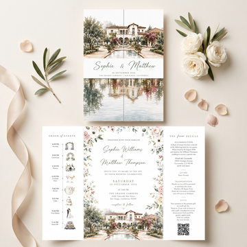 Custom Garden Wedding Invitations, Watercolor Venue Illustration, Floral Wedding Invitation Suite, Personalized Luxury Wedding Stationery