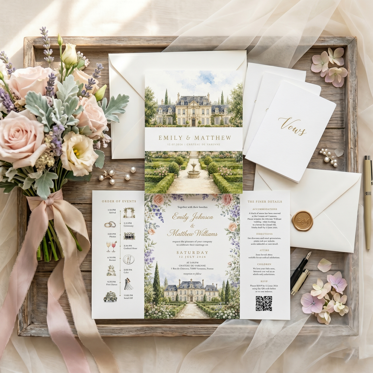Personalized Wedding Invitation, Custom Watercolor Wedding Venue Illustration, Luxury Floral Wedding Invitation Suite