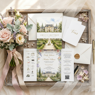 Personalized Wedding Invitation, Custom Watercolor Wedding Venue Illustration, Luxury Floral Wedding Invitation Suite