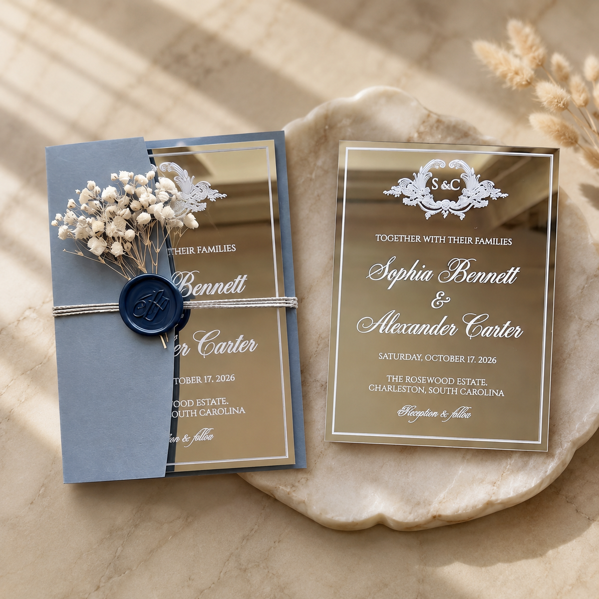 Elegant Silver Mirror Acrylic Wedding Invitation, Personalized Wedding Invite with Dusty Blue Envelope, RSVP QR Card & Details Card