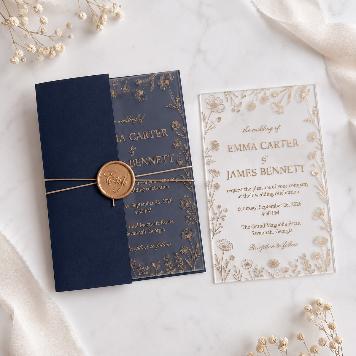 Luxury Clear Acrylic Wedding Invitation Suite, Personalized Gold Floral Wedding Invite with Navy Blue Envelope, RSVP & QR Code Card