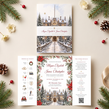 Winter Wedding Invitations, Elegant Christmas Wedding Invitation Suite, Watercolor Winter Castle, Personalized Holiday Wedding Invites