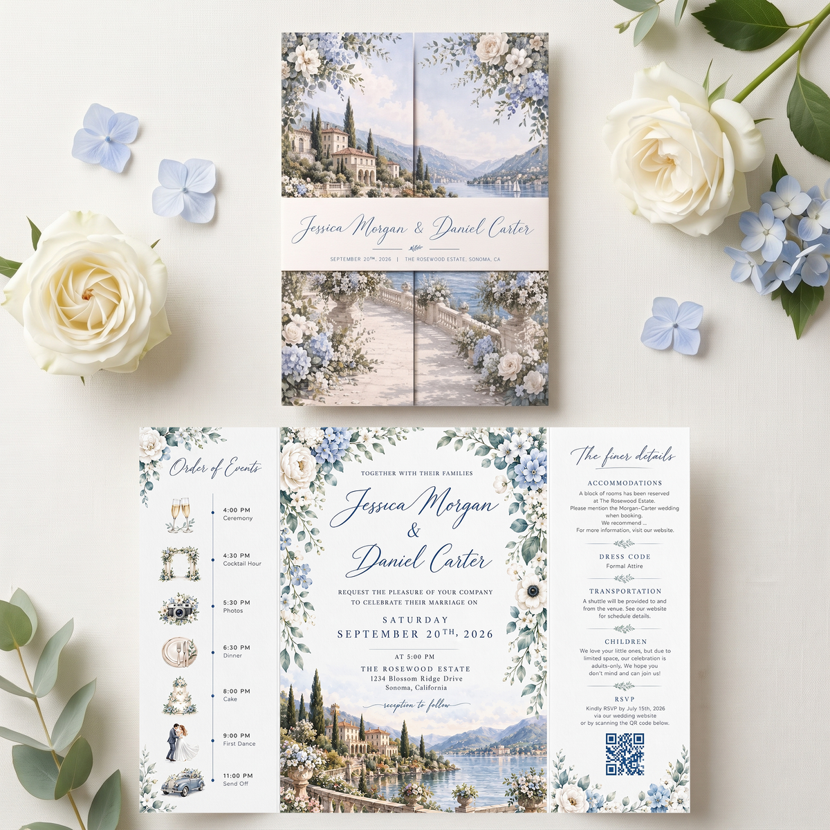 Personalized Blue Floral Wedding Invitation Suite, Luxury Destination Wedding Invitations, Custom Wedding Invitation Set