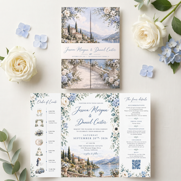 Personalized Blue Floral Wedding Invitation Suite, Luxury Destination Wedding Invitations, Custom Wedding Invitation Set