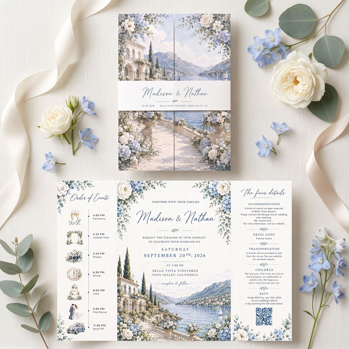 Luxury Blue Floral Wedding Invitation Suite, Personalized Destination Wedding Invitations, Custom Lake Wedding Stationery
