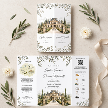 Custom Watercolor Wedding Invitations, Personalized Estate Venue Wedding Suite, Luxury Botanical Garden Wedding Stationery