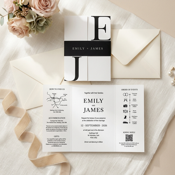 Modern Black and White Wedding Invitation, Personalized Monogram Invitation Suite with RSVP Card
