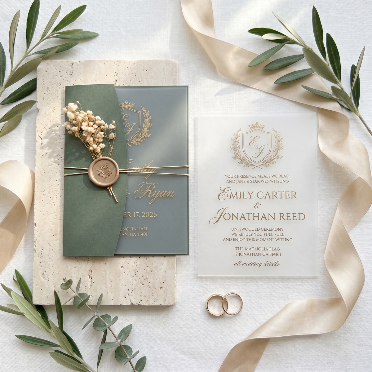 Minimalist Frosted Acrylic Wedding Invitation, Modern Custom Wedding Invite with QR RSVP, Wax Seal & Envelope, Elegant Green Wedding Stationer
