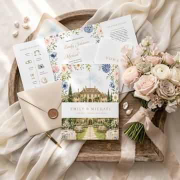 Personalized Wedding Invitation, Custom Watercolor Venue Illustration, Luxury Floral Wedding Invitation Suite