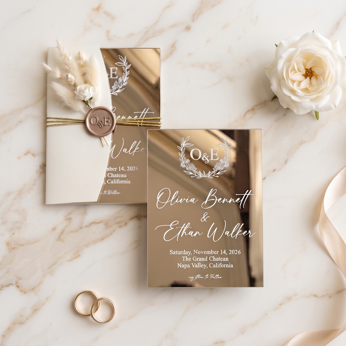 Luxury Gold Mirror Acrylic Wedding Invitation, Personalized Wedding Invite Suite with QR RSVP Card, Details Card & Envelope