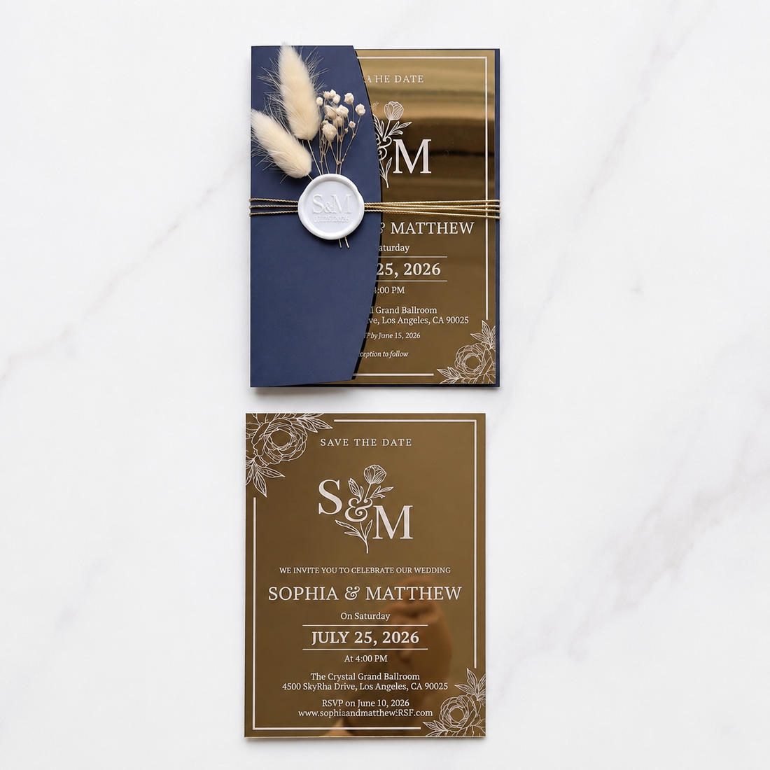 2mm Gold Mirror Acrylic Wedding Invitation Suite, Elegant Personalized Wedding Invite with Navy Blue Envelope, RSVP & QR Code Card