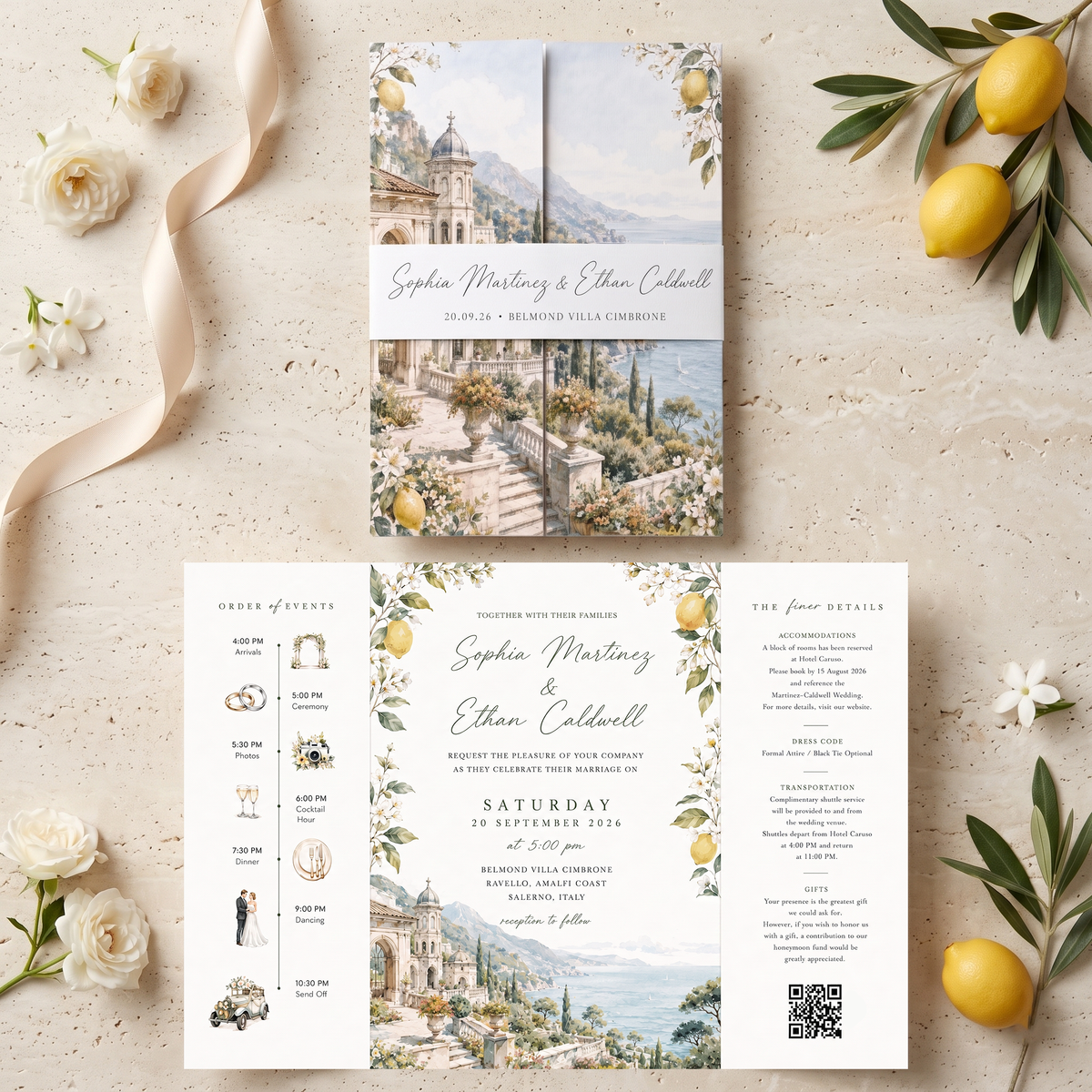 Amalfi Coast Lemon Wedding Invitations, Italian Riviera Destination Wedding Invitation Suite, Watercolor Villa Wedding Invite, Personalized