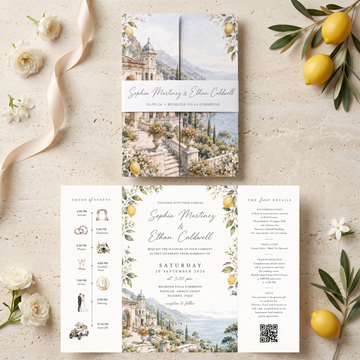Amalfi Coast Lemon Wedding Invitations, Italian Riviera Destination Wedding Invitation Suite, Watercolor Villa Wedding Invite, Personalized